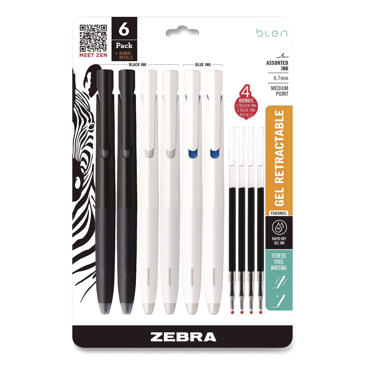 zebra-r-blen-gel-pen-medium-0-7-mm-black-blue-ink-white-black-barrel-6-pack-zeb49501_1